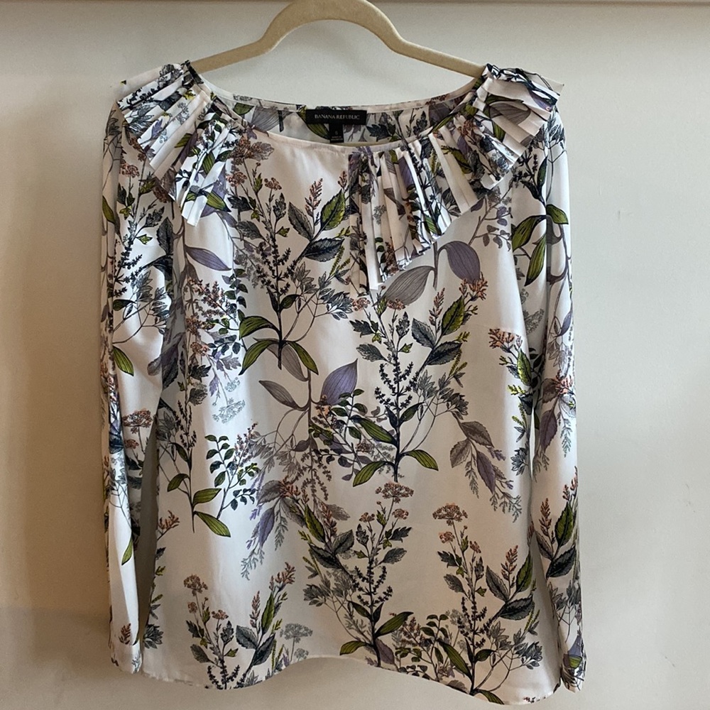 Banana Republic floral top, asymmetrical pleated neckline
